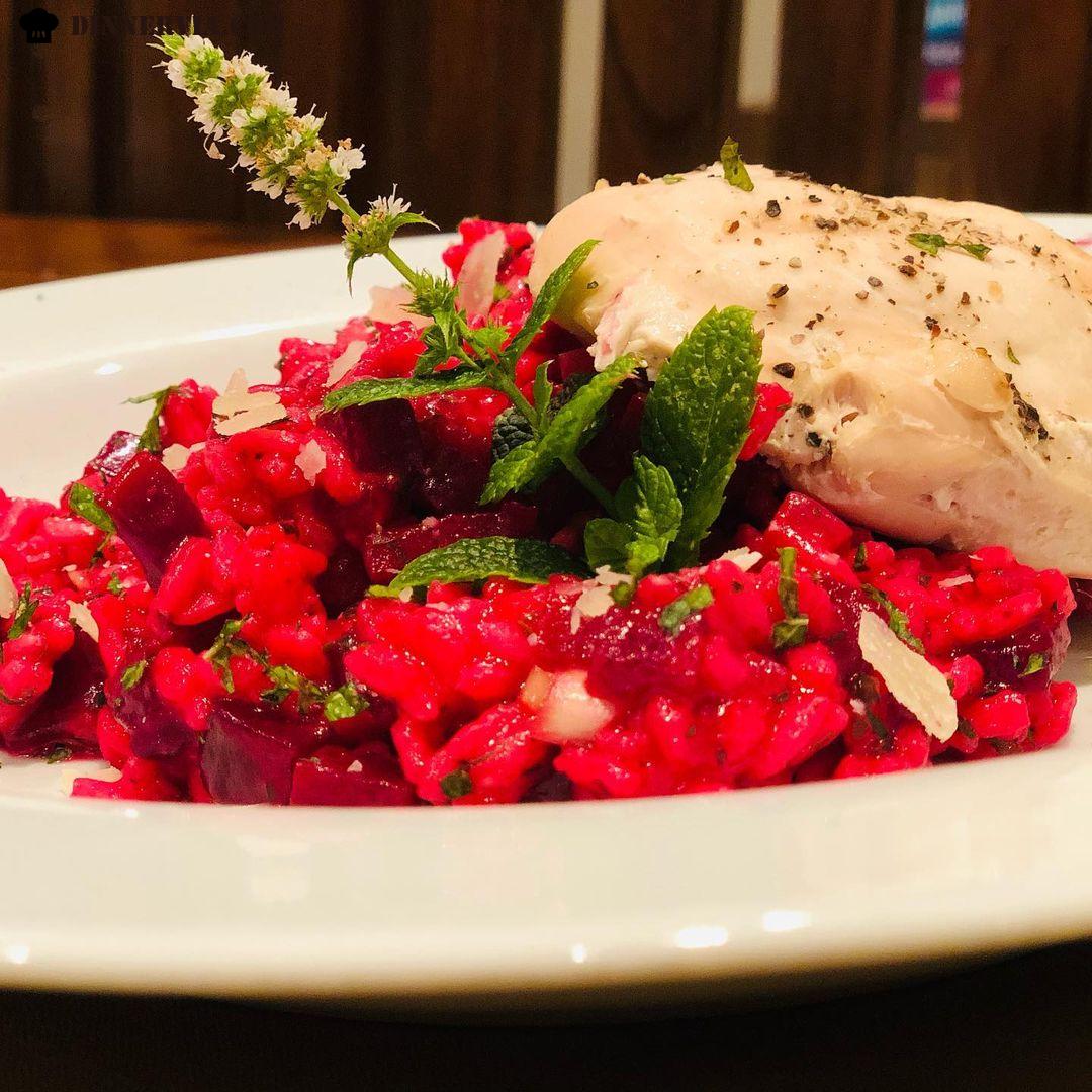 Beetroot Mint risotto with poached Chicken
