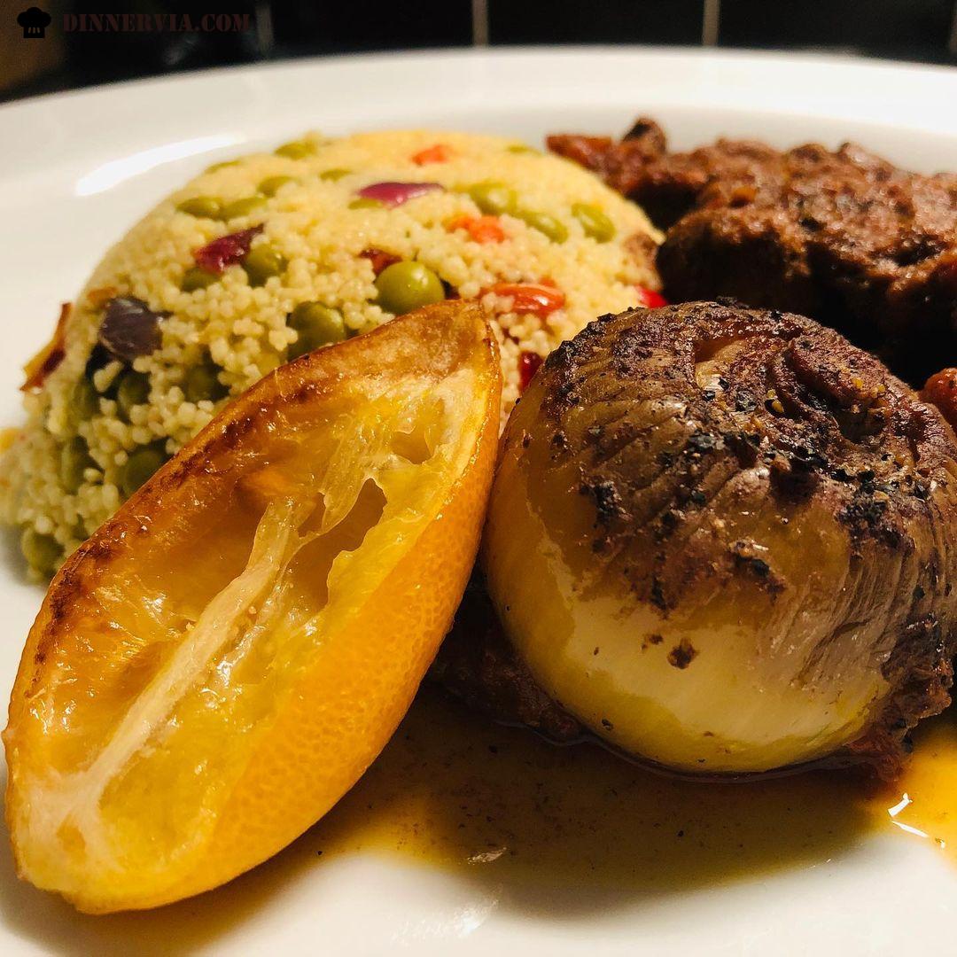 Beef Stifado with roast vegetable couscous and roast lemon