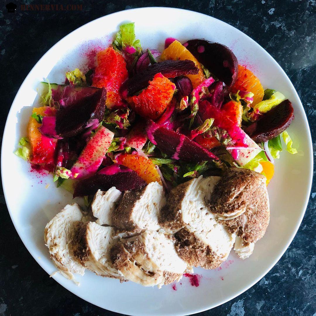 Sun shine Salad Oriental spiced chicken with a beetroot and