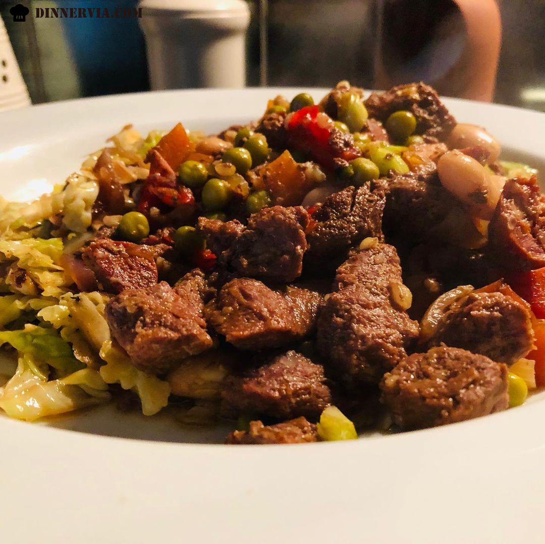 Beef Beer Butterbean Barley stew with Chorizo served along