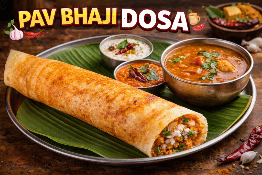 “Butter-loaded pav bhaji dosa served hot with sambhar and two chutneys in Mumbai street food style”