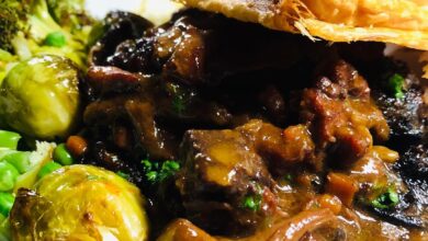 Braised shin of beef black pudding portobello mushrooms in