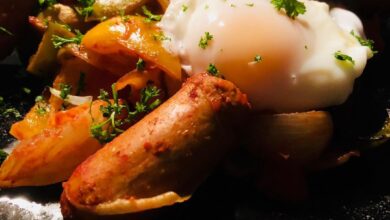 Chorizo sausage bake with poached eggs Serves 2 simple and