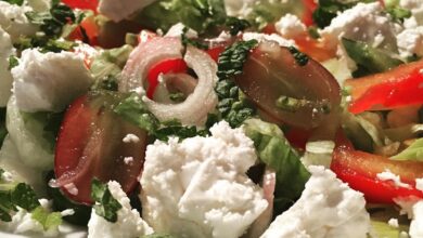 Feta grape and vine tomato salad with fresh mint and