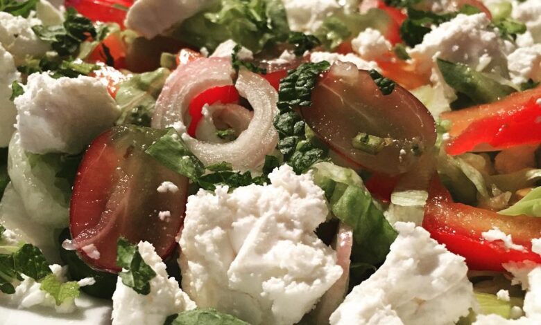 Feta grape and vine tomato salad with fresh mint and