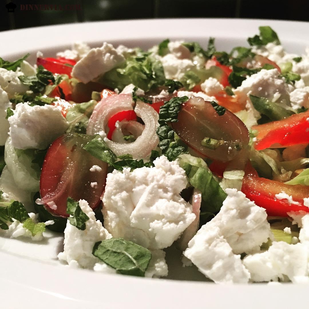 Feta grape and vine tomato salad with fresh mint and