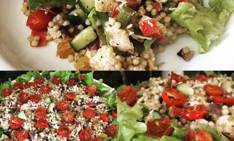 Giant couscous chicken roasted Mediterranean vegetable salad with slow