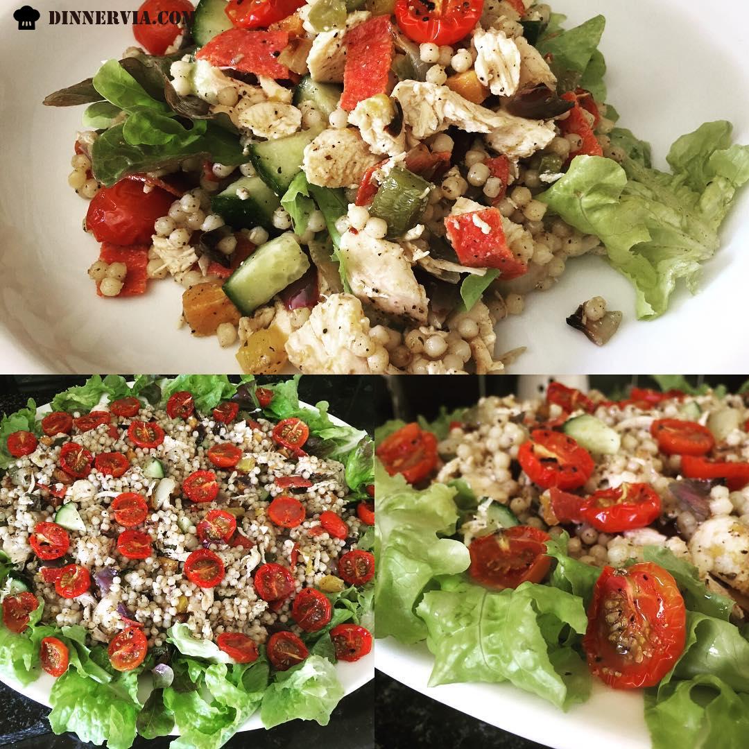 Giant couscous chicken roasted Mediterranean vegetable salad with slow