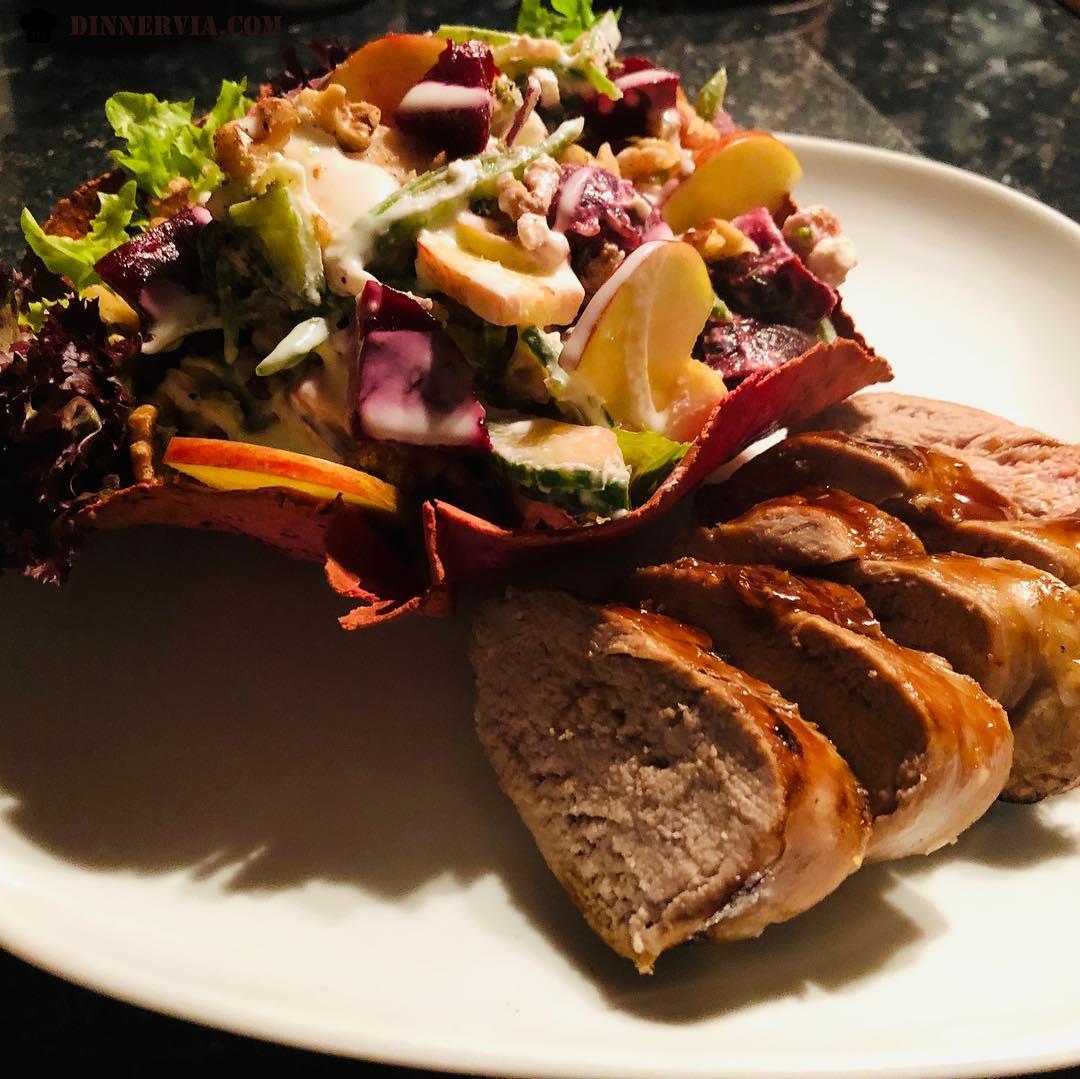 Glazed pork loin with beetroot apple feta and walnut salad