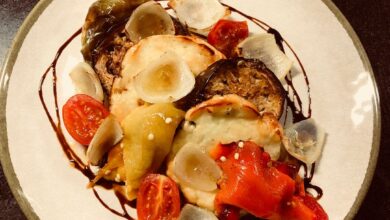 Haloumi roasted peppers aubergines onions tomatoes with balsamic glaze
