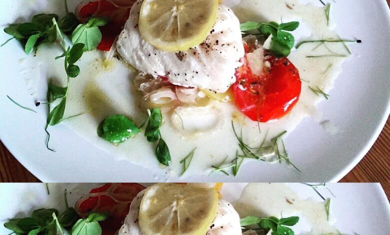 Healthy tea Loin of Cod cooked en papillote with tomatoes