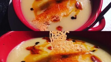Leek and Potato soup with chorizo oil and Parmesan crisp