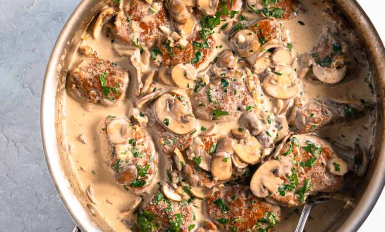 Roast pork loin with mushroom and mustard sauce Recipe