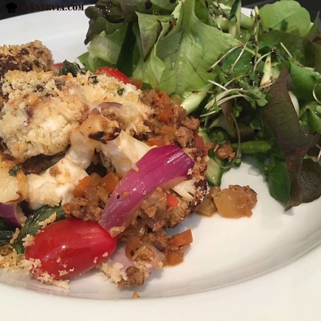 Roasted Cauliflower Quorn Pizzaiola with home grown green salad
