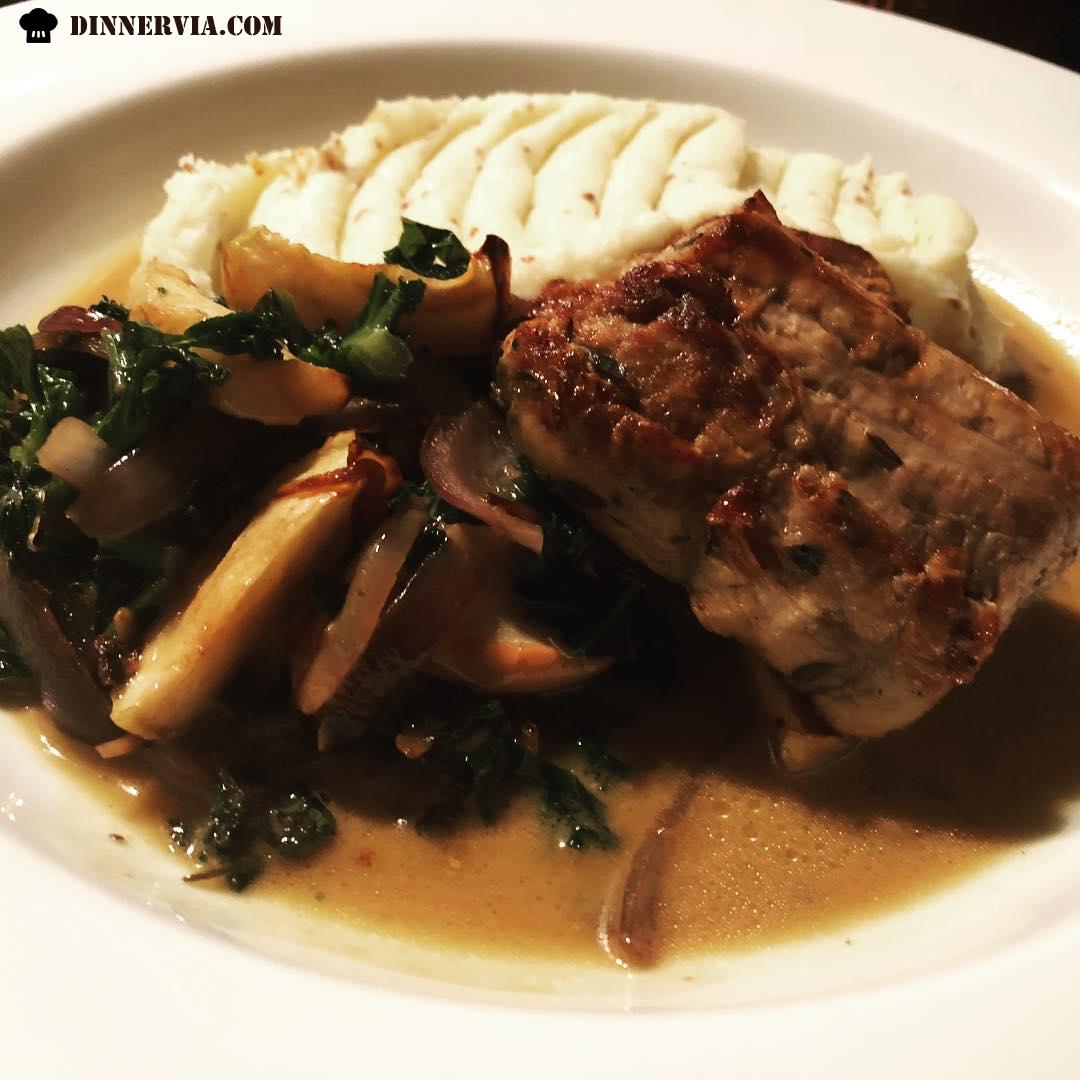 Roasted marinated Pork loin with mustard mash curly kale