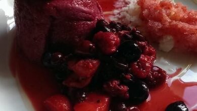 Spiced berry summer pudding yoghurt berry granita and a