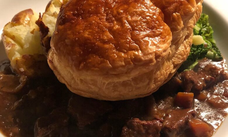 Steak Hobgoblin ale pie with crushed baby jackets and