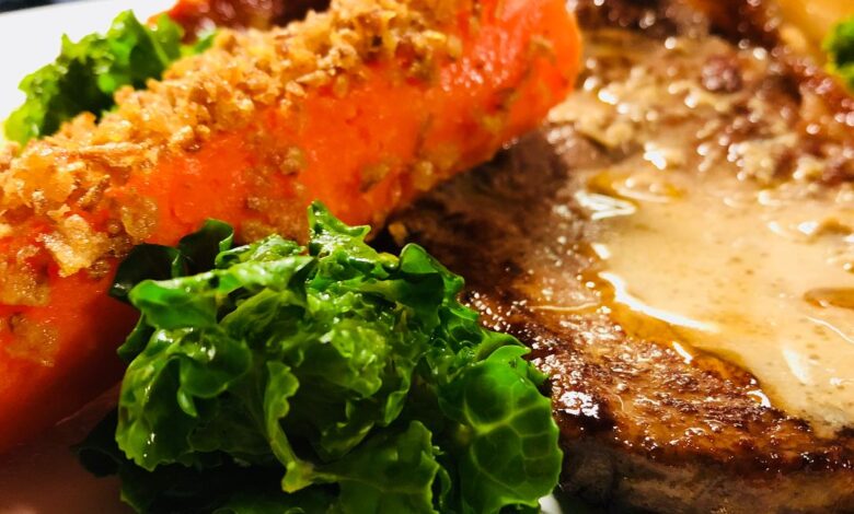 Steak and onions 3 ways Ribeye steak confit carrot