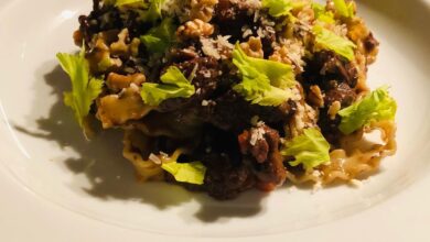 Venison Ragu with tagliatelle walnuts Parmesan and celery tops Ingredients
